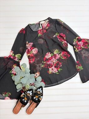 Mimi Chica Floral Sheer Bell Sleeve Top
